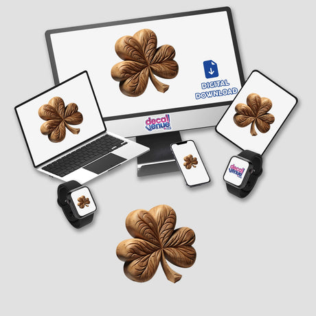 Carved Wood Shamrock displayed on a computer monitor and laptop screens, available as stickers or digital artwork from Decal Venue, highlighting unique digital designs and craftsmanship.