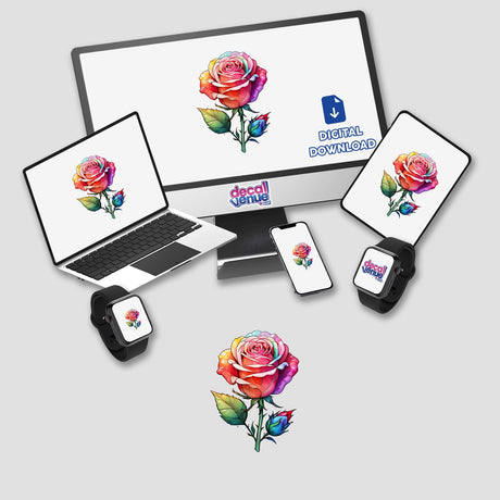 Vibrant Rose and Bud Sticker Design featuring a detailed rose displayed on a computer monitor and laptop screen.