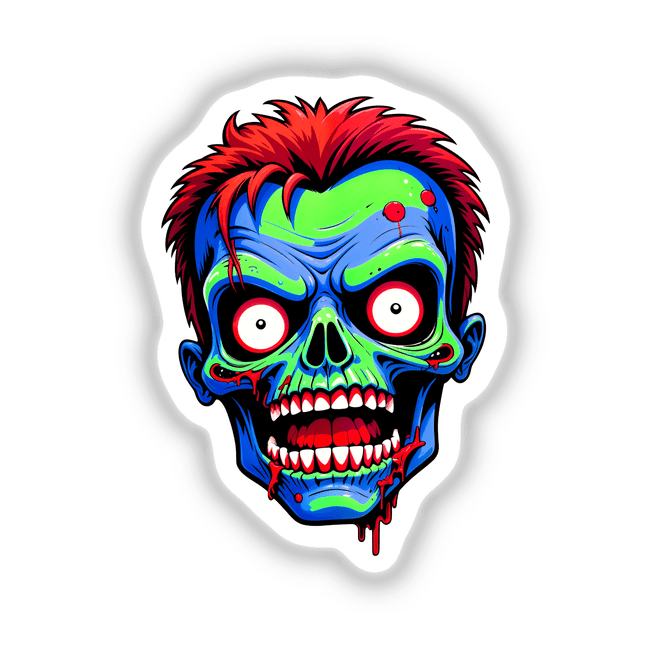 A Cool Neon Punk Zombie Skull cartoon illustration, available as stickers or digital art, featuring vibrant zombie and skull elements. Perfect for unique vinyl sticker enthusiasts from Decal Venue.