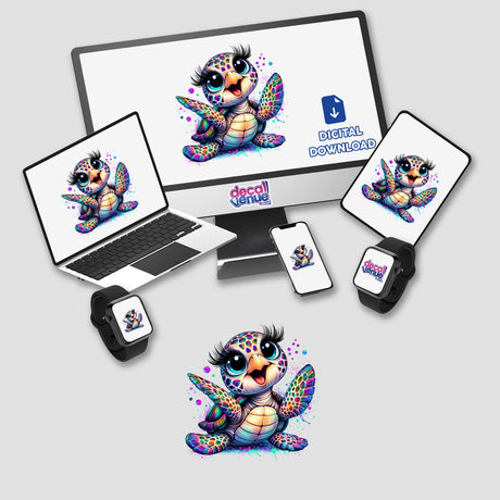 Colorful digital artwork featuring a happy, dancing sea turtle with vibrant, prismatic details on various electronic devices displayed in the image.