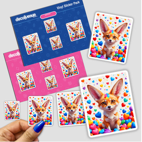 Cute Fennec Fox With Love Hearts sticker, featuring an adorable fox surrounded by colorful hearts and balloons, available as stickers or digital artwork from Decal Venue.