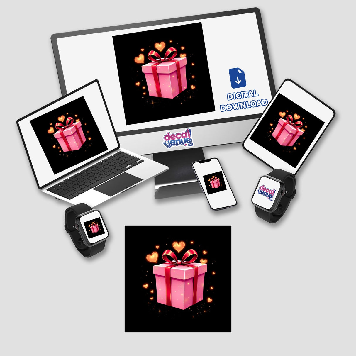 Pink Gift Box with Red Ribbon and Gold Hearts displayed on a laptop and computer monitor, showcasing its design as available stickers or digital artwork from Decal Venue.