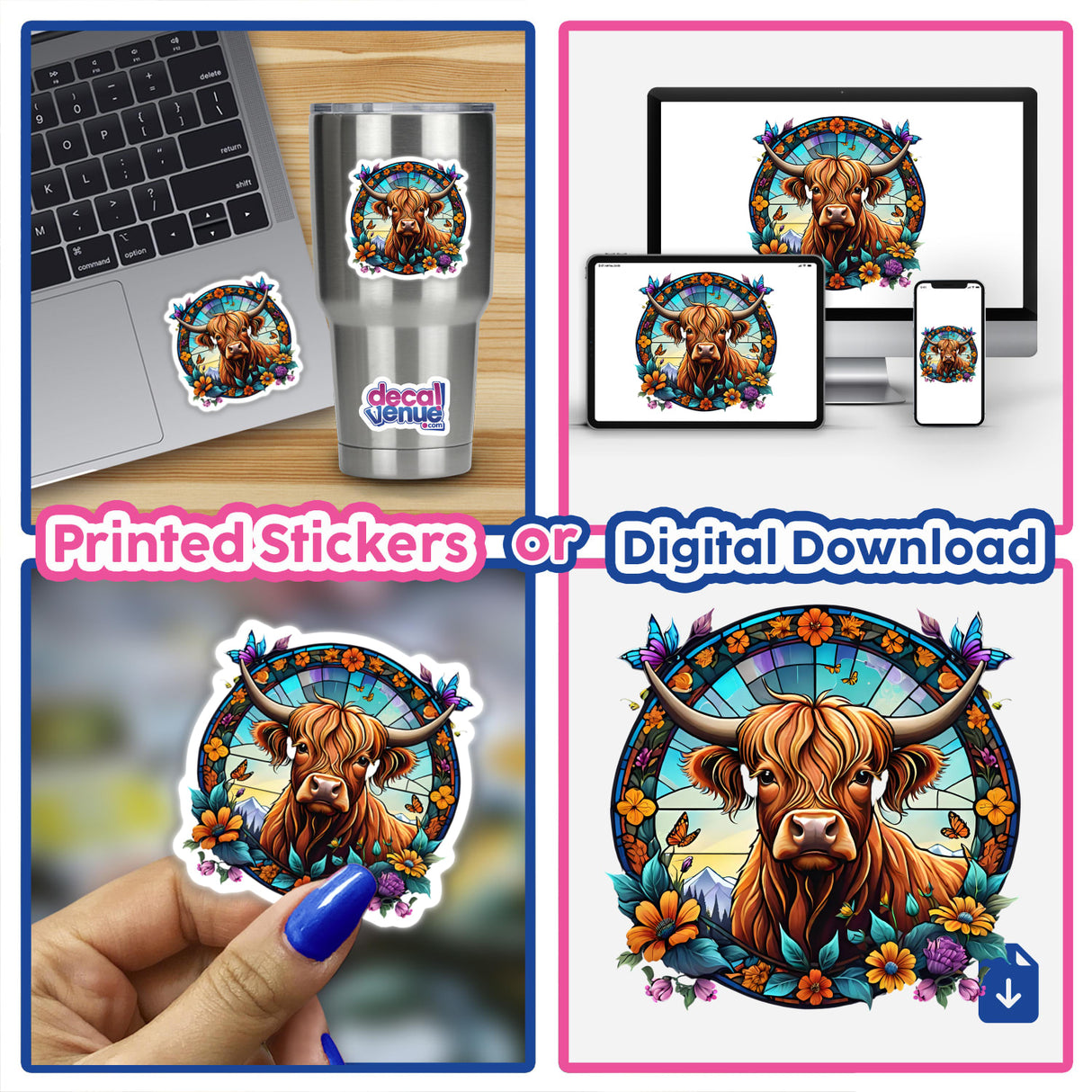 Highland Cow Floral Butterflies - Vibrant digital artwork featuring a majestic highland cow amidst a colorful floral and butterfly design, available as printed stickers or digital download.