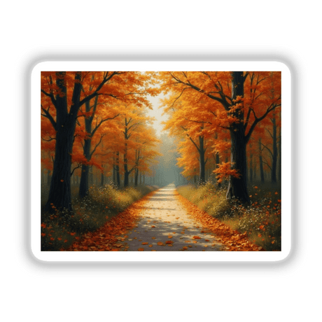 Autumn Forest Pathway - iPad Pro 12.9-inch Cozy Wallpaper | Stickers & Commercial Use: A scenic road covered in orange leaves, lined with trees in full autumn foliage.