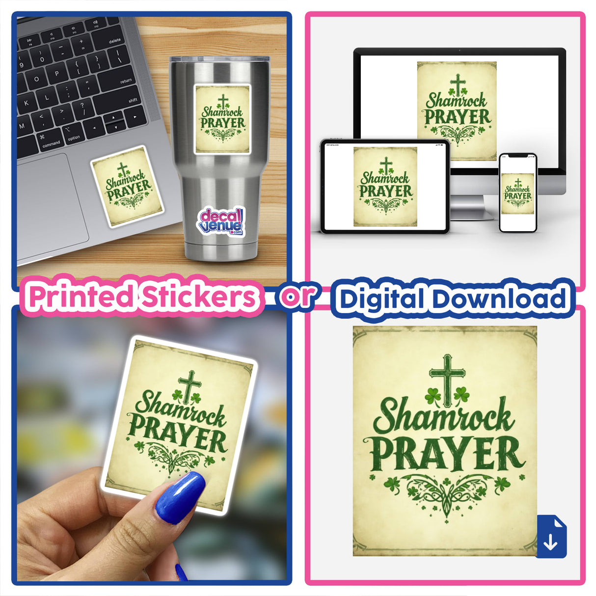 Shamrock Prayer St. Patrick’s Day Sticker or Clipart featuring a laptop with a sticker, a phone, and a card, embodying the unique digital art style of Decal Venue.