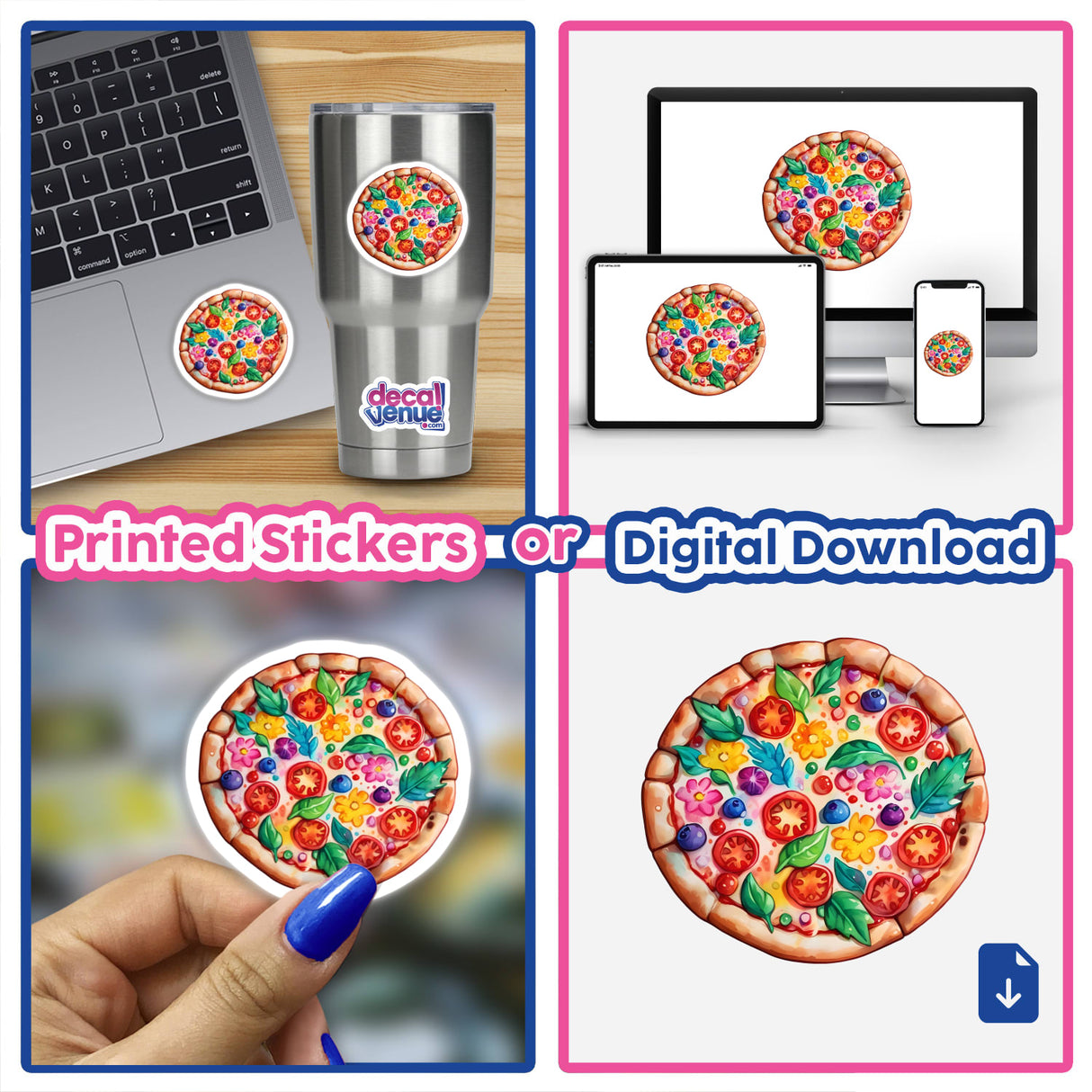 Collage showcasing 'Flower Pizza' stickers and digital art, featuring pizza imagery with flowers and various toppings, displayed on items like a laptop and stainless steel cup.