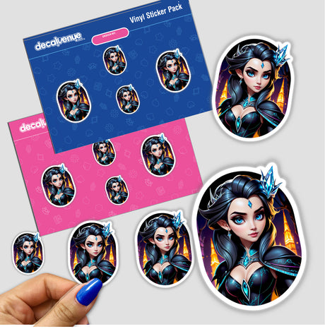 An Evil Queen Anime Girl sticker featuring a hand with blue nail polish, showcasing vibrant cartoon-style artwork, available as both stickers and digital art.