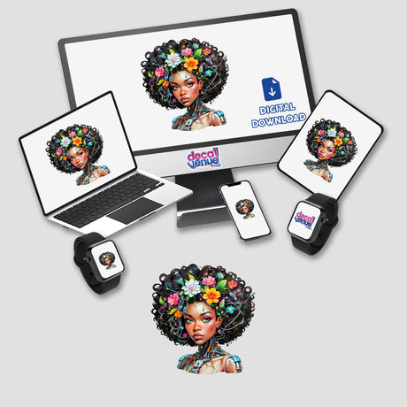 Afro-Tech Fusion: Sticker Design of an Afro Portrait with Wires and Cables, showcasing a woman with flowers in her hair on a computer monitor, laptop, and cellphone.