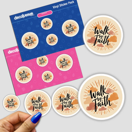 Walk by Faith Sticker & Clipart featuring 2 Corinthians 5:7 in bold text, shown being held and placed on various surfaces. Perfect for inspirational Christian decor.