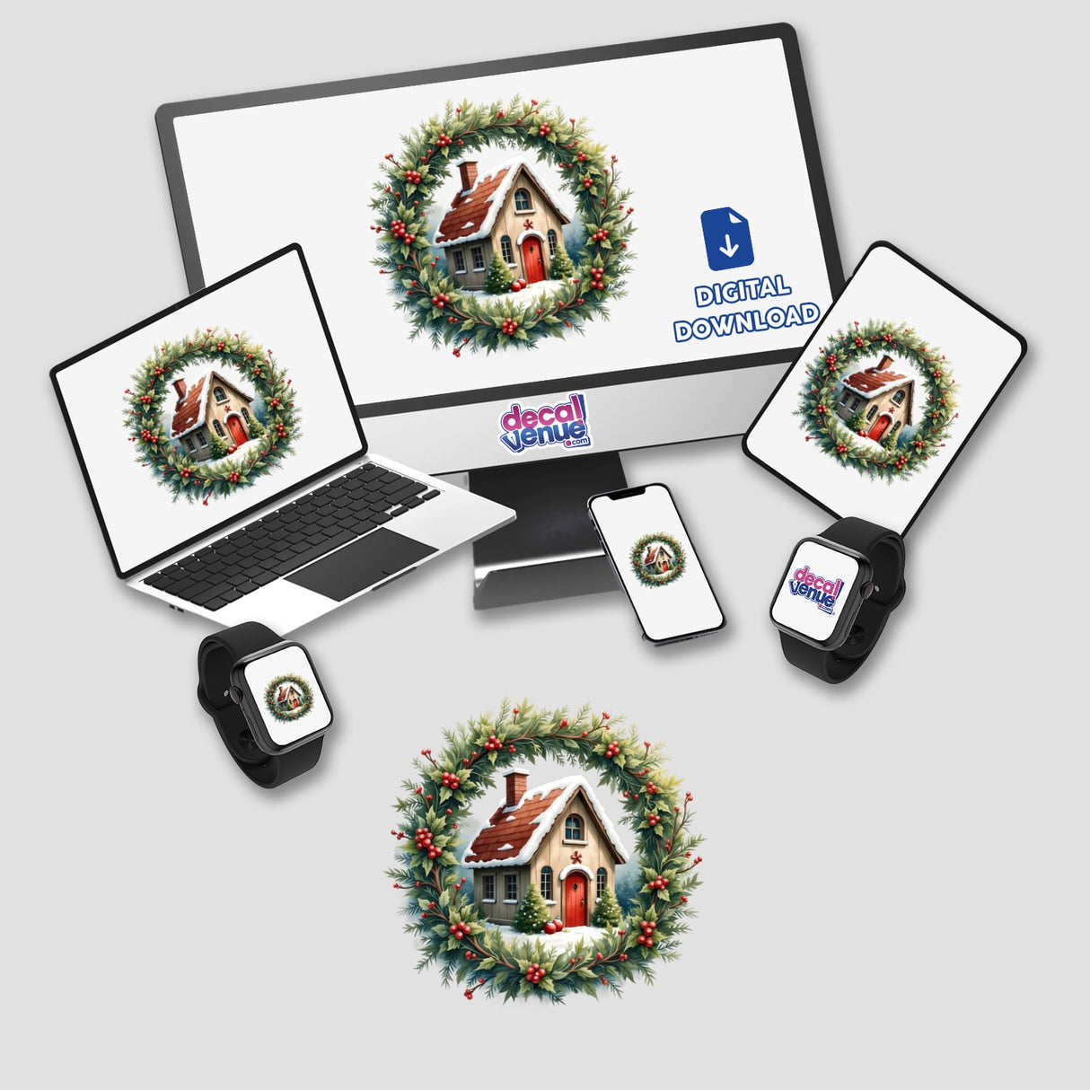 Cozy Cottage in a Christmas Wreath digital artwork displayed on a computer monitor and laptop, available as stickers or digital art from Decal Venue.