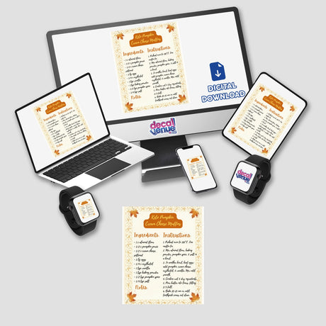 Keto Pumpkin Cream Cheese Muffins Recipe Clipart displayed on various devices, including a laptop, tablet, and smartphone, showcasing the recipe for commercial use download or sticker.