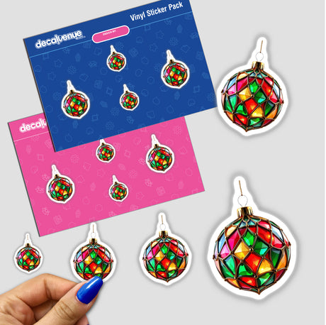 Christmas Ornament Stained Glass Style sticker pack featuring vibrant, handmade-style ornaments, available as stickers or digital artwork. Ideal for adding a festive touch to any space.