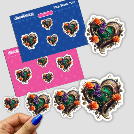 Gold Swirl Heart sticker pack featuring intricate orange and purple roses designs, displayed with a close-up of a person's hand, highlighting its handmade appeal. Available as stickers or digital artwork.