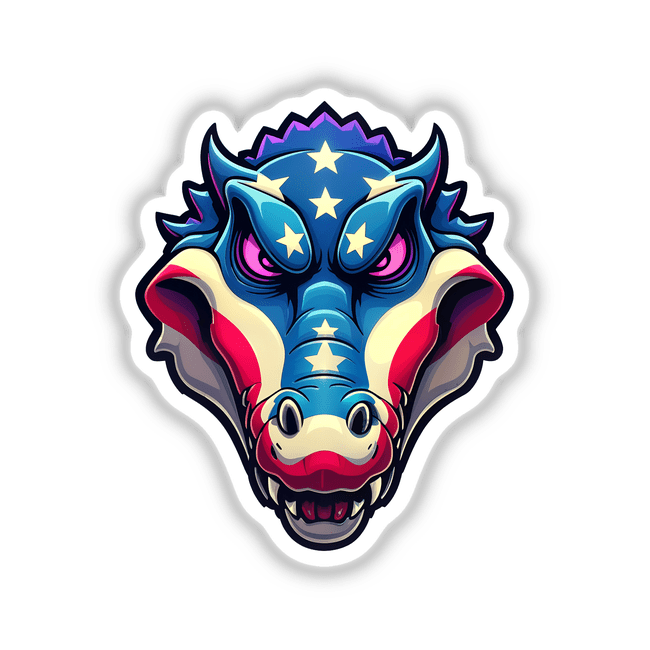 Cartoon of a blue dragon with stars and stripes, titled A Cool American Flag Alligator, available as stickers or digital artwork from Decal Venue.