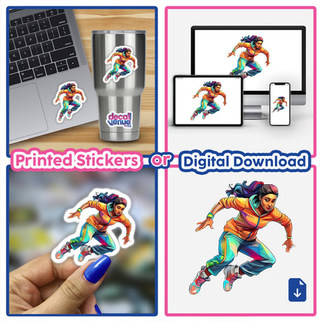 Colorful digital art of a superhero figure jumping in different displays - laptop, smartphone, and as printed stickers. The digital artwork features a dynamic, vibrant design showcasing the "Breaking Girl" character across various mediums.