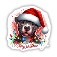 Merry Christmas Lights Pitbull Dog, wearing a Santa hat adorned with Christmas lights, available as stickers or digital artwork from Decal Venue, highlighting unique festive designs.