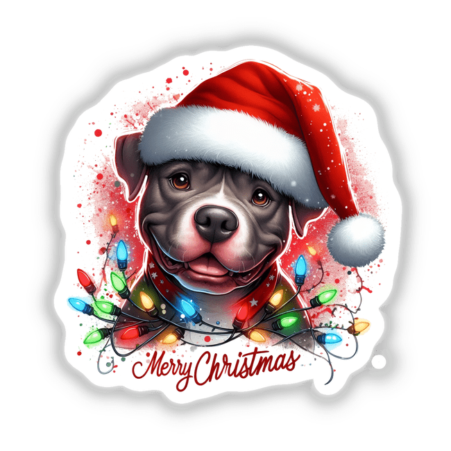 Merry Christmas Lights Pitbull Dog, wearing a Santa hat adorned with Christmas lights, available as stickers or digital artwork from Decal Venue, highlighting unique festive designs.