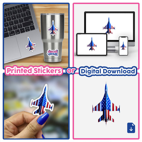 Collage of a laptop and cup featuring A Cool American Flag Fighter Jet stickers, showcasing unique decal designs available as stickers or digital artwork from Decal Venue.