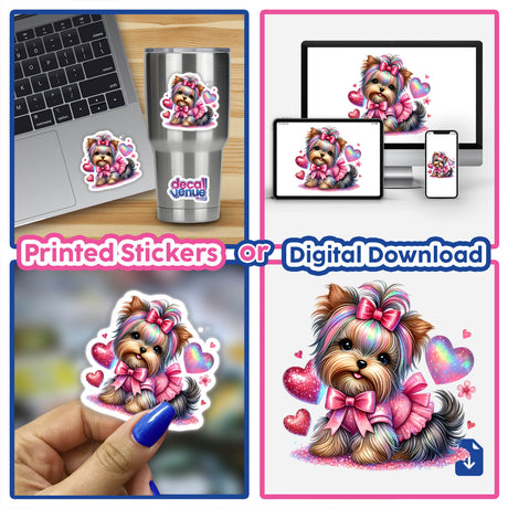 Irridescent Glitter Hearts Yorkie Dog sticker featuring a cartoon Yorkie wearing a pink dress. The collage includes various sticker placements, emphasizing versatility as both decals and digital artwork.