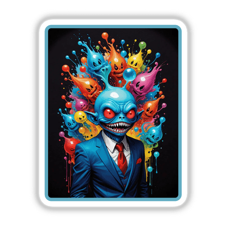 Splash Art Alien Invasions: The Boss features a cartoon character surrounded by colorful skulls, available as unique stickers or digital artwork from Decal Venue.