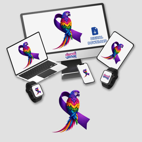 Parrot Purple Ribbon Alzheimers sticker or digital art featuring a colorful parrot with a purple ribbon displayed on a computer monitor and laptop screen, available at Decal Venue.