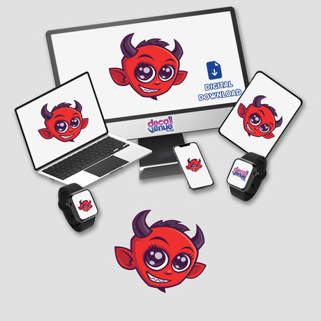 Cute Cartoon Devil displayed on computer and laptop screens, available as stickers or digital artwork from Decal Venue, showcasing playful, cartoon-style expressions.