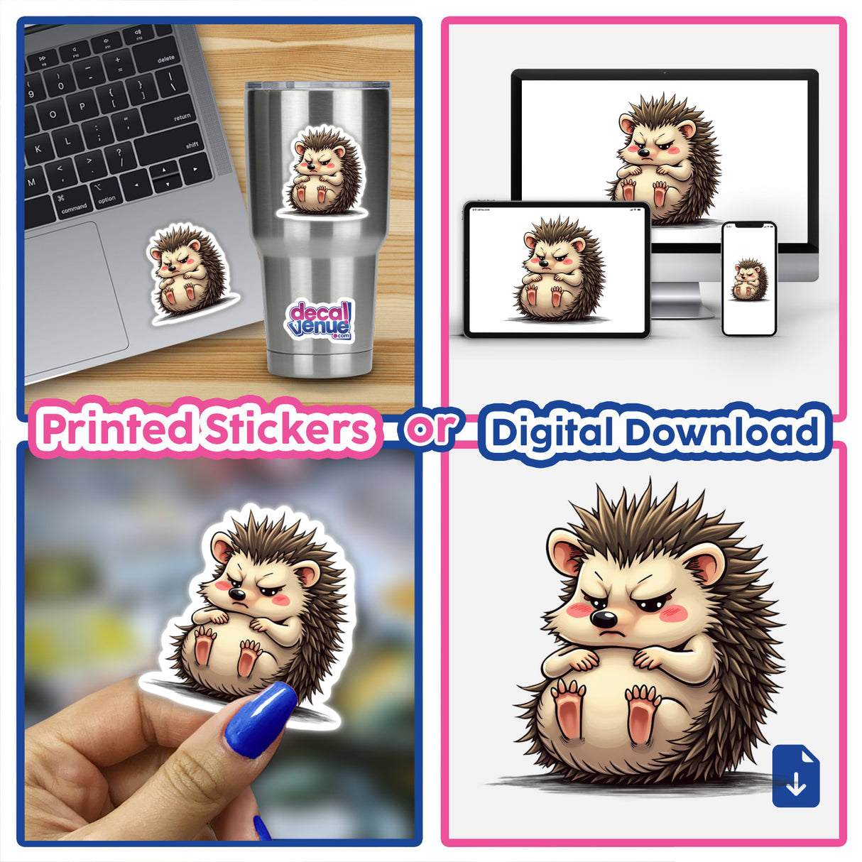 Cute Grumpy Hedgehog Cartoon Art collage featuring stickers and digital artwork, including a hedgehog with an angry expression, a hedgehog holding its belly, and stickers on various items.