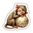 Monkey Sleeping on Christmas Ornament: A whimsical depiction of a monkey peacefully sleeping atop a Christmas ornament, available as stickers or digital artwork.