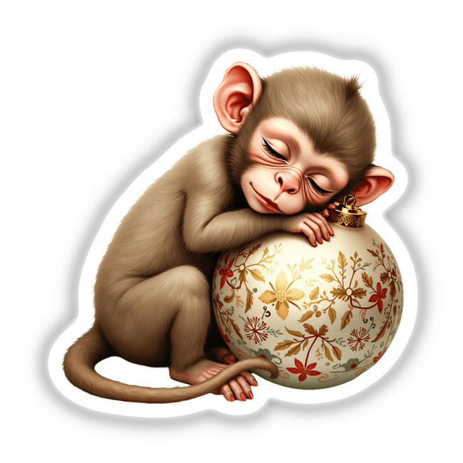 Monkey Sleeping on Christmas Ornament: A whimsical depiction of a monkey peacefully sleeping atop a Christmas ornament, available as stickers or digital artwork.