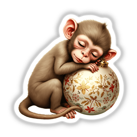 Monkey Sleeping on Christmas Ornament: A whimsical depiction of a monkey peacefully sleeping atop a Christmas ornament, available as stickers or digital artwork.