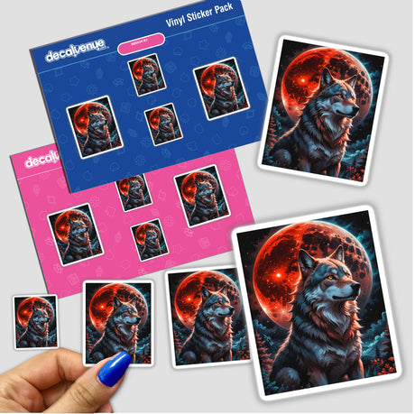 Stickers featuring A Wolf In The Night With A Blood Moon, showcasing a wolf with red eyes gazing at a moon, held in a close-up of a person's hand.