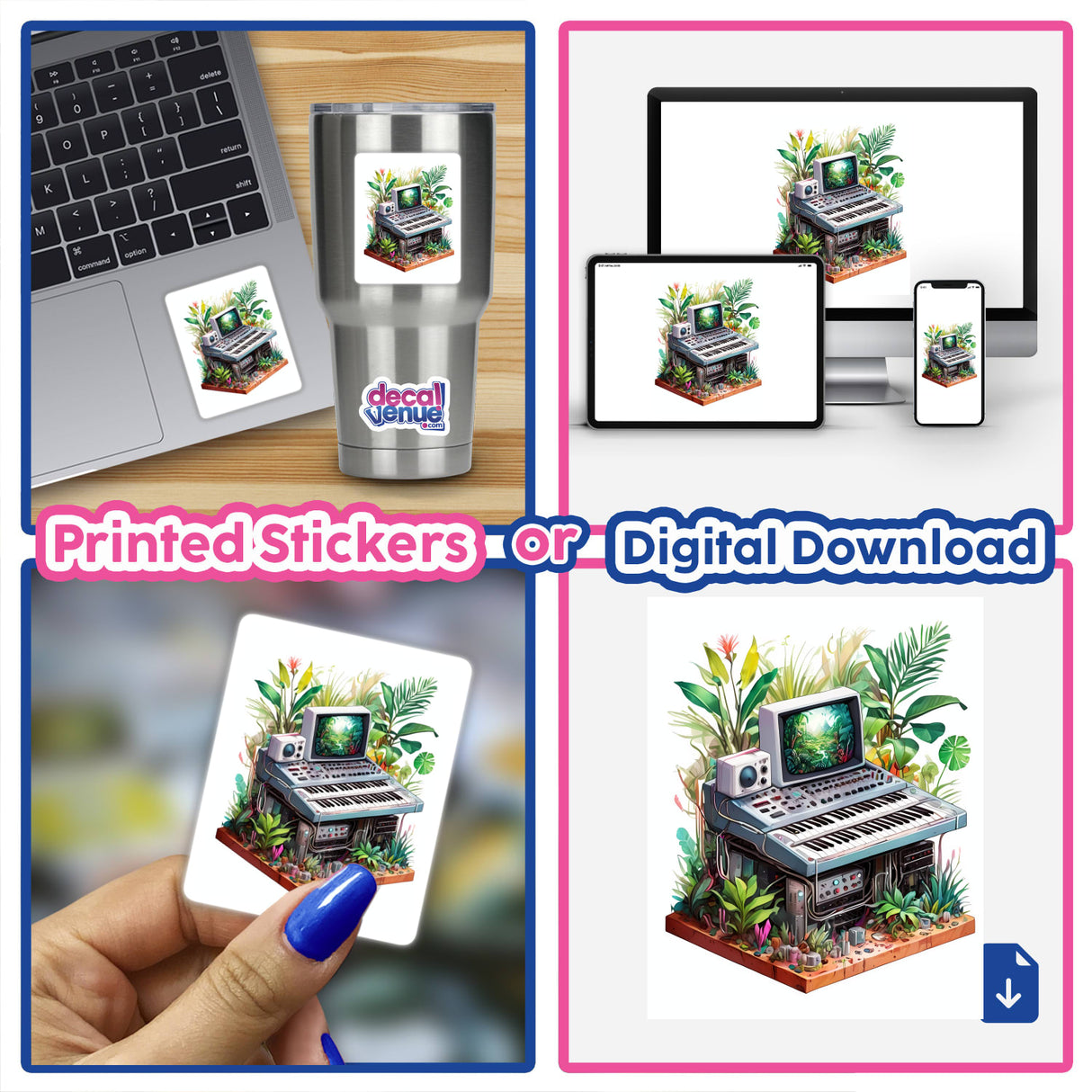 Retro Computer Sticker featuring lush tropical plants and a vintage aesthetic, showcasing a collage of laptops, keyboards, and screens, available as stickers or digital artwork from Decal Venue.