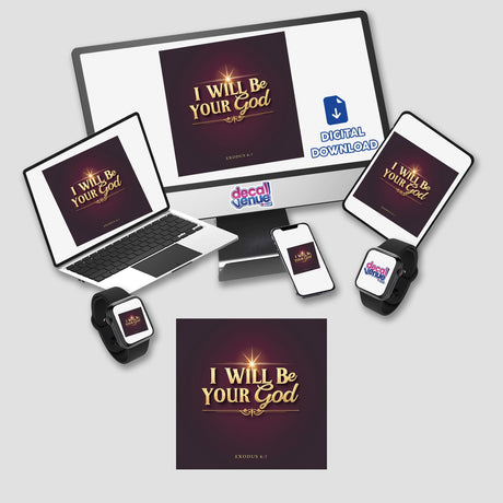 I Will Be Your God – Exodus 6:7 Christian Sticker or Clipart featuring a computer, laptop, and phone displaying related imagery, available as unique stickers or digital artwork.