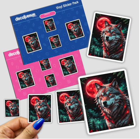 Sticker titled A Wolf In The Night With A Blood Moon, featuring a digital wolf with red eyes gazing at a moon, available as a unique vinyl sticker or digital art.