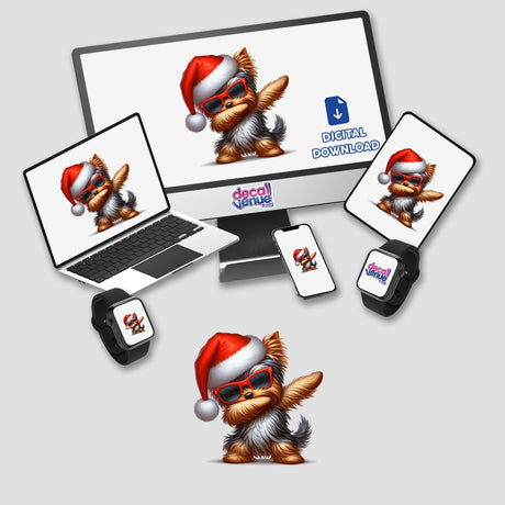 Dabbing Christmas Santa Yorkie Dog II depicted on various devices, including a laptop and phone, with the Yorkie wearing a Santa hat and sunglasses. Available as stickers or digital artwork.