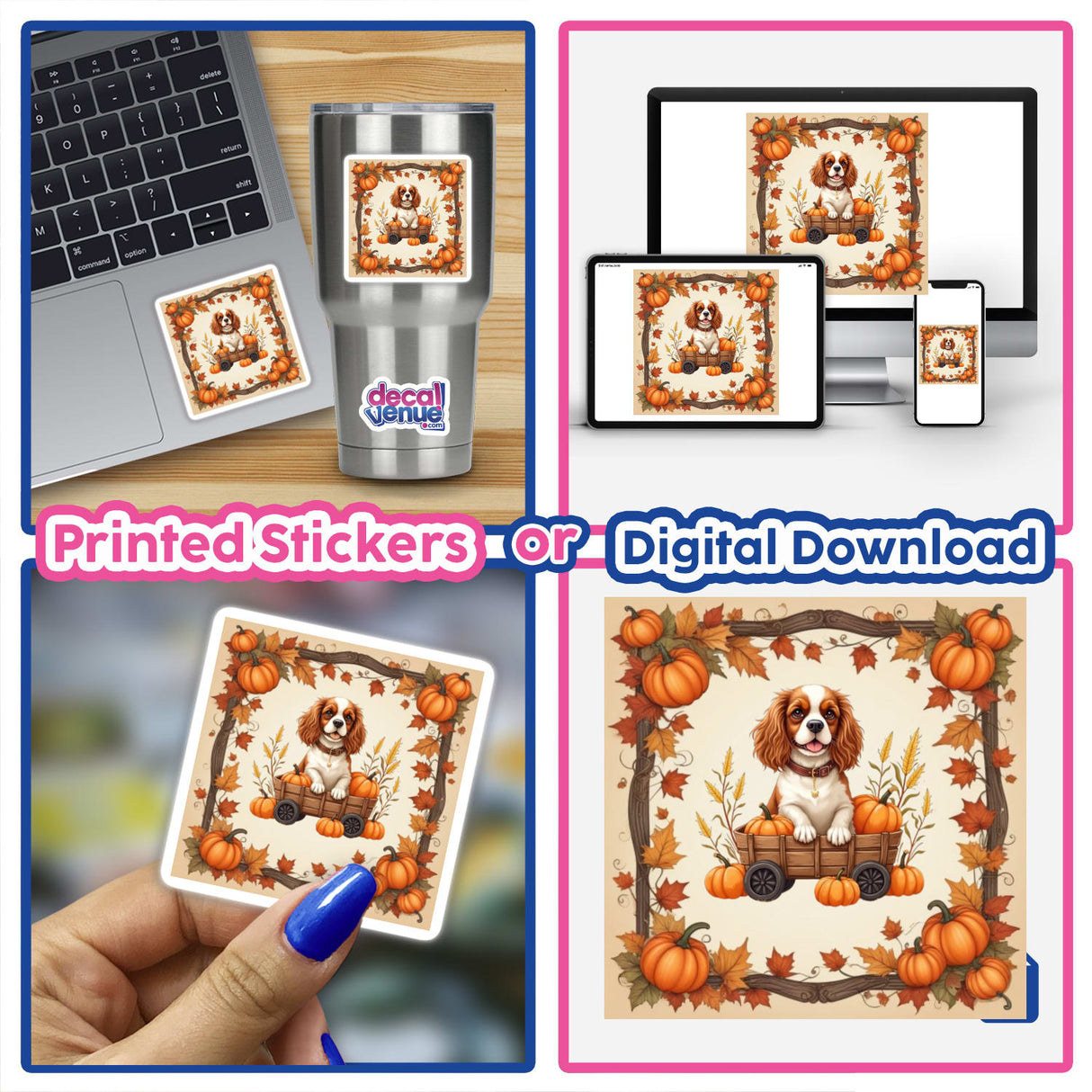 Fall Aesthetic Cavalier King Charles Spaniel Clip art - Stickers or Download with Commercial Rights: Collage featuring a dog with pumpkins, a laptop with a sticker, and a hand holding a dog photo in a pumpkin wagon.