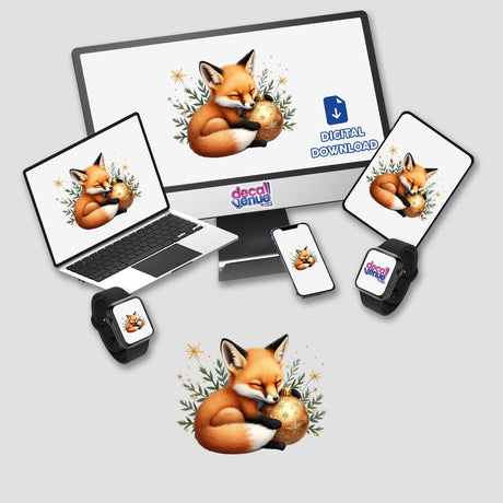 Baby Fox Sleeping on Christmas Ornament displayed on a computer monitor and laptop screen, available as stickers or digital artwork from Decal Venue, specializing in unique stickers and digital art.