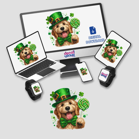 Happy Irish Goldendoodle with Lollipop featured on a computer monitor and laptop screen, showcasing the digital art available as stickers or artwork, emphasizing its playful hat and bow tie theme.