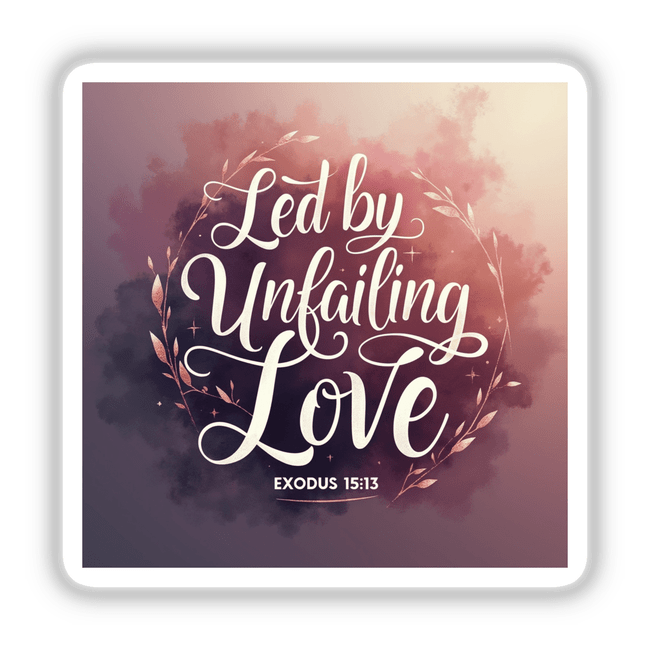 Led by Unfailing Love – Exodus 15:13 Christian Sticker or Clipart, featuring elegant white calligraphy encircled by leaves, ideal for unique designs from Decal Venue.