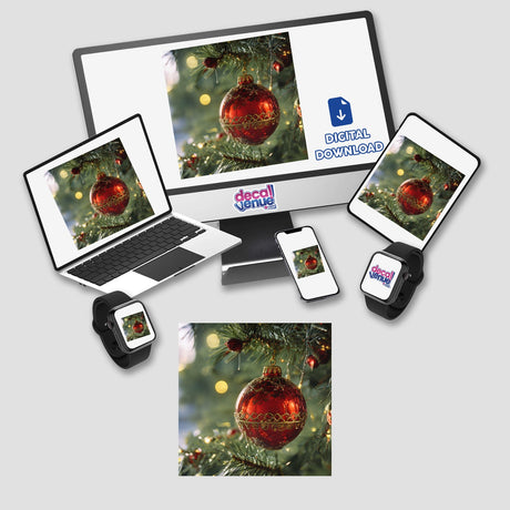 Christmas Ornament Envelope Seal Stickers featuring festive holiday tree designs displayed on a computer and laptop screen, ideal for decorating cards and gifts.