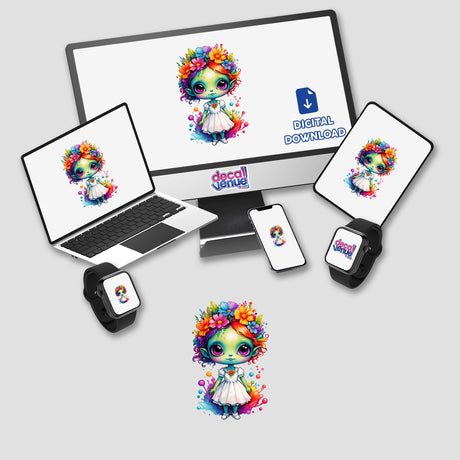 Extraterrestrial Elegance: Cute Alien in Floral Splash Dress Sticker displayed on various devices including a laptop, monitor, tablet, and smartwatch, showcasing the versatility of the digital artwork.