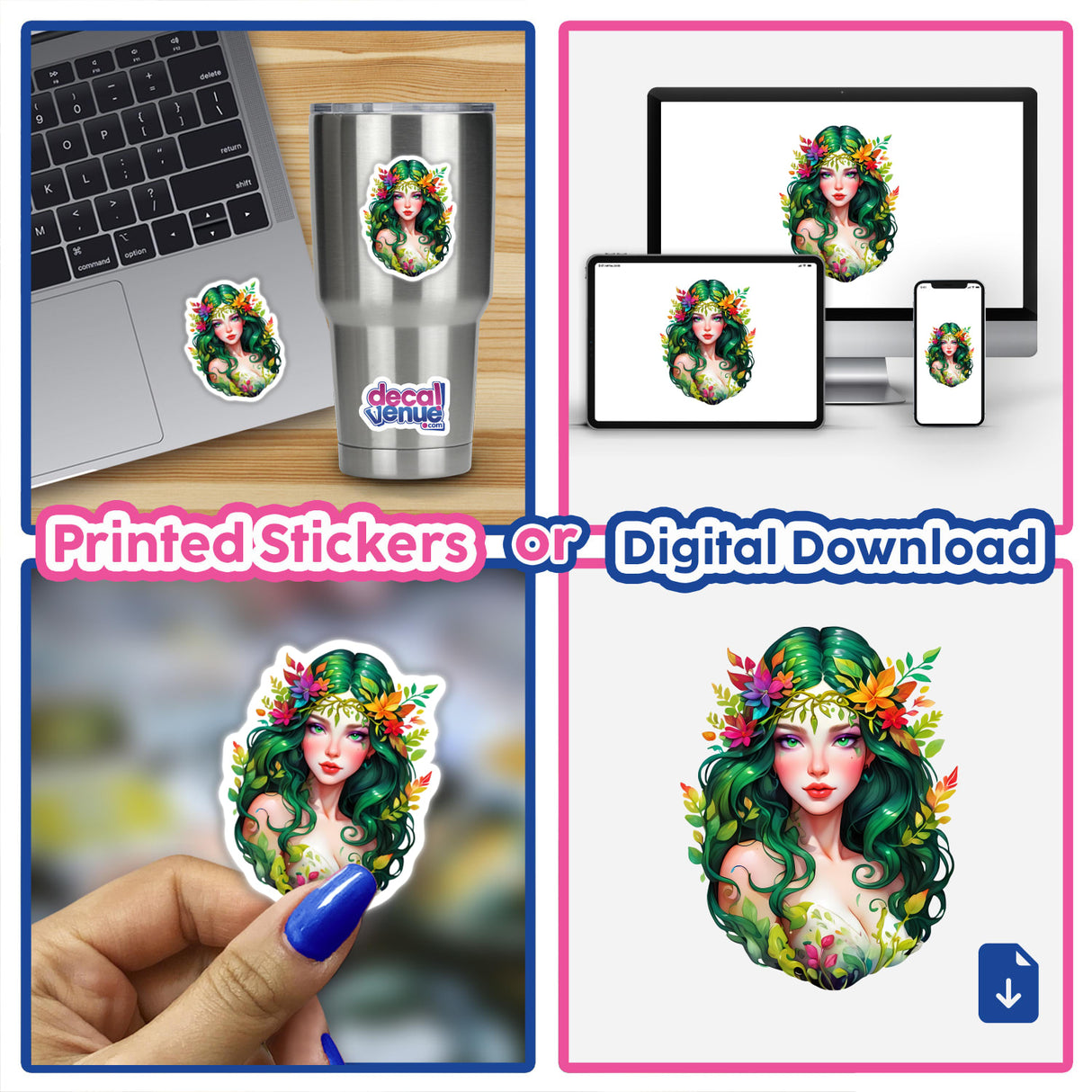 Mystical Leafy Goddess Sticker collage: woman with green hair adorned with flowers, detailed leafy designs; includes close-ups of stickers on various surfaces and digital artwork options.