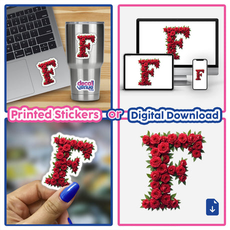 Elegant Floral Letter F Clipart - Downloadable Sticker with Commercial Rights, featuring a rose-adorned letter F. Includes collage elements like a computer screen, fingernail close-up, and digital artwork options.