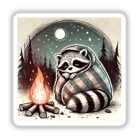 Sleepy Raccoon by the Campfire: A cartoon raccoon wrapped in a blanket, cozy by a campfire. Available as Stickers or Digital Artwork.