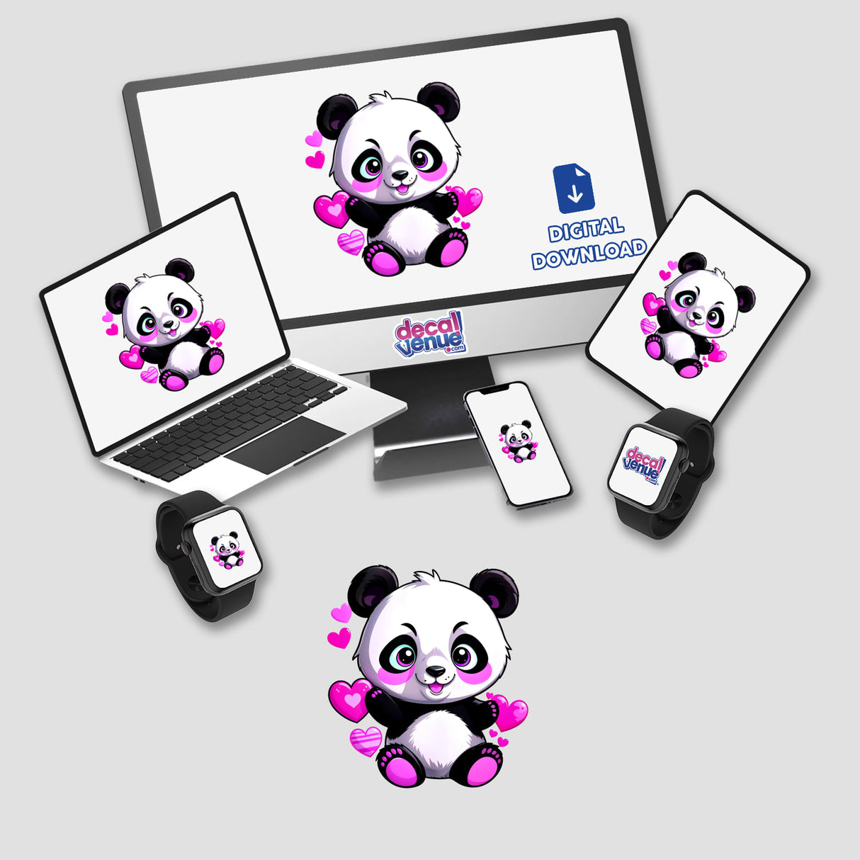 Cute panda bear cartoon with love hearts displayed on a computer monitor and laptop, available as stickers or digital artwork from Decal Venue.