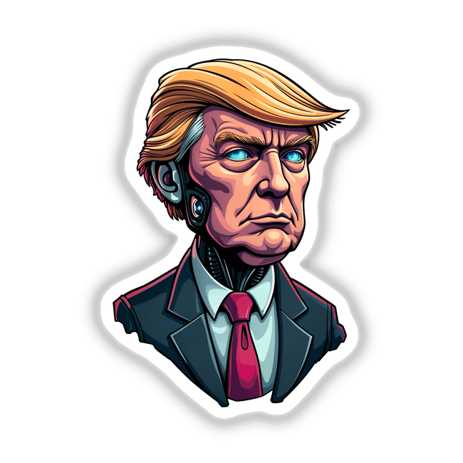 Illustration of Futuristic President Donald Trump depicted as a cartoon character with a robot, available as stickers or digital artwork.