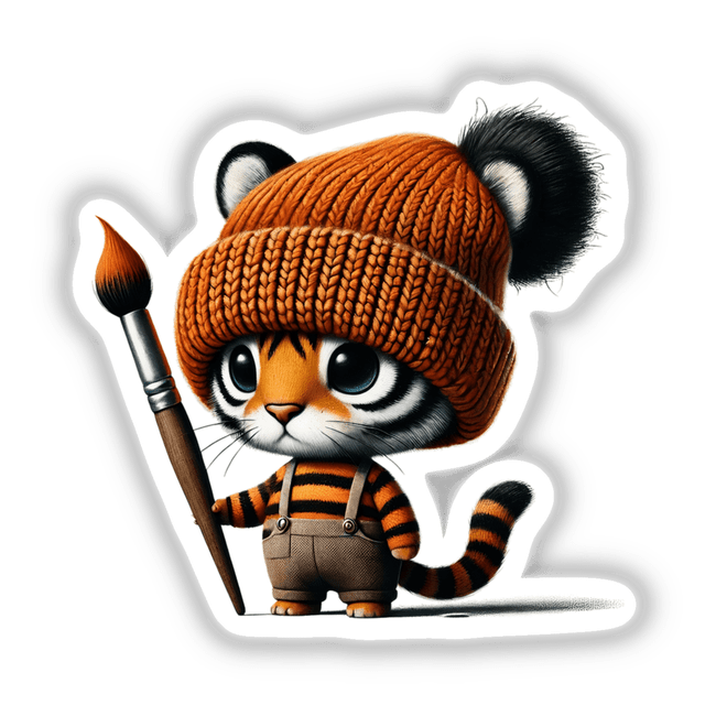 Tiger Gnome with Paintbrush: A cartoon tiger in a hat and overalls, holding a paintbrush. Available as stickers or digital artwork from Decal Venue.