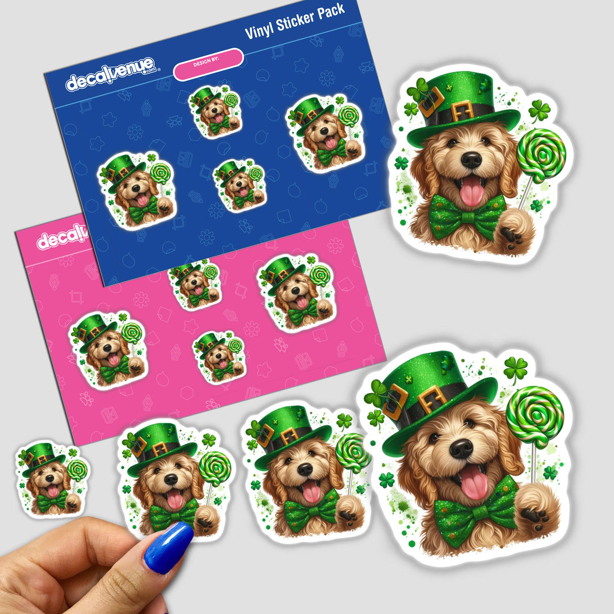 Happy Irish Goldendoodle with Lollipop stickers featuring charming cartoon dogs in green hats and bow ties, available as vinyl stickers or digital artwork.