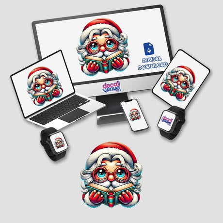 Santa Claus in Reading Glasses with Book depicted on a laptop screen and computer monitor, available as stickers or digital artwork from Decal Venue.