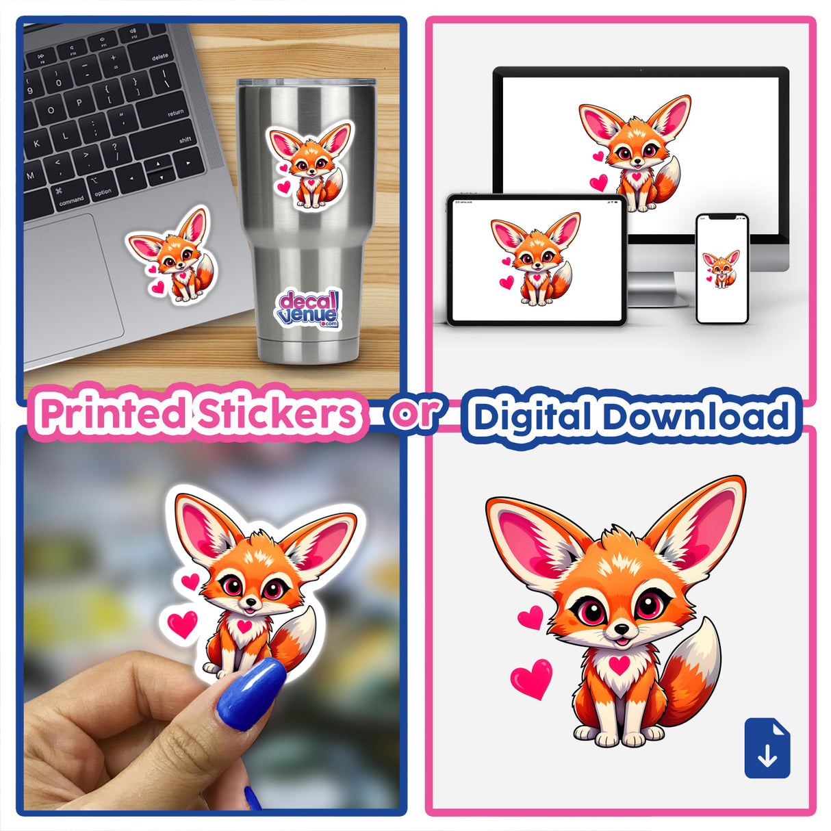 A Cute Fennec Fox With Love Hearts sticker collage featuring cartoon foxes, including a fox with pink ears and hearts, displayed on a laptop, cup, and as a digital download.